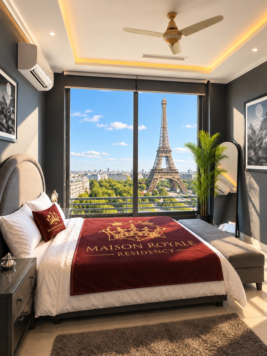 The same Maison Eiffel View bedroom on a sunny afternoon with the tower outside