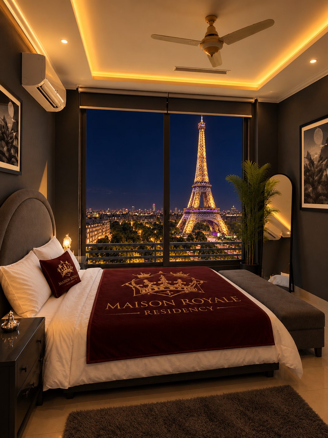 Maison Eiffel View bedroom at night with the Eiffel Tower lit gold outside the window