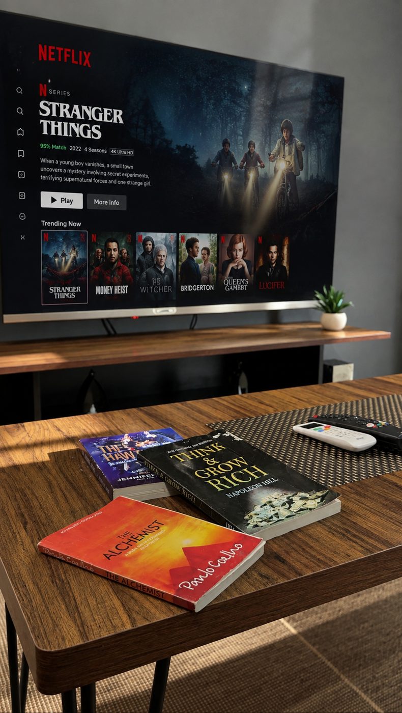 Smart TV showing Netflix above a coffee table with books