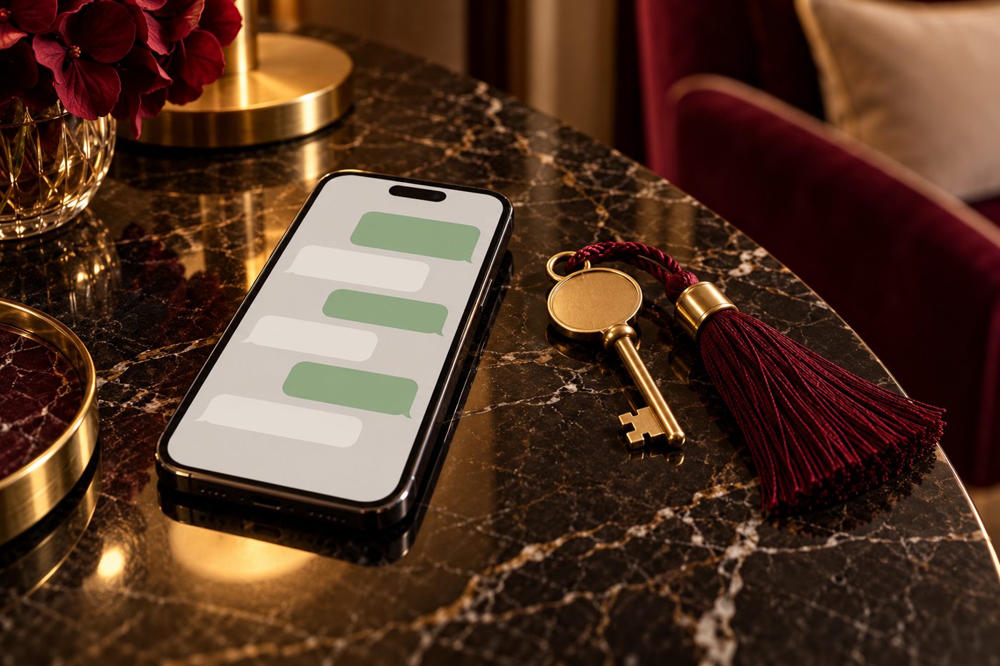A booking conversation on a phone beside a brass room key