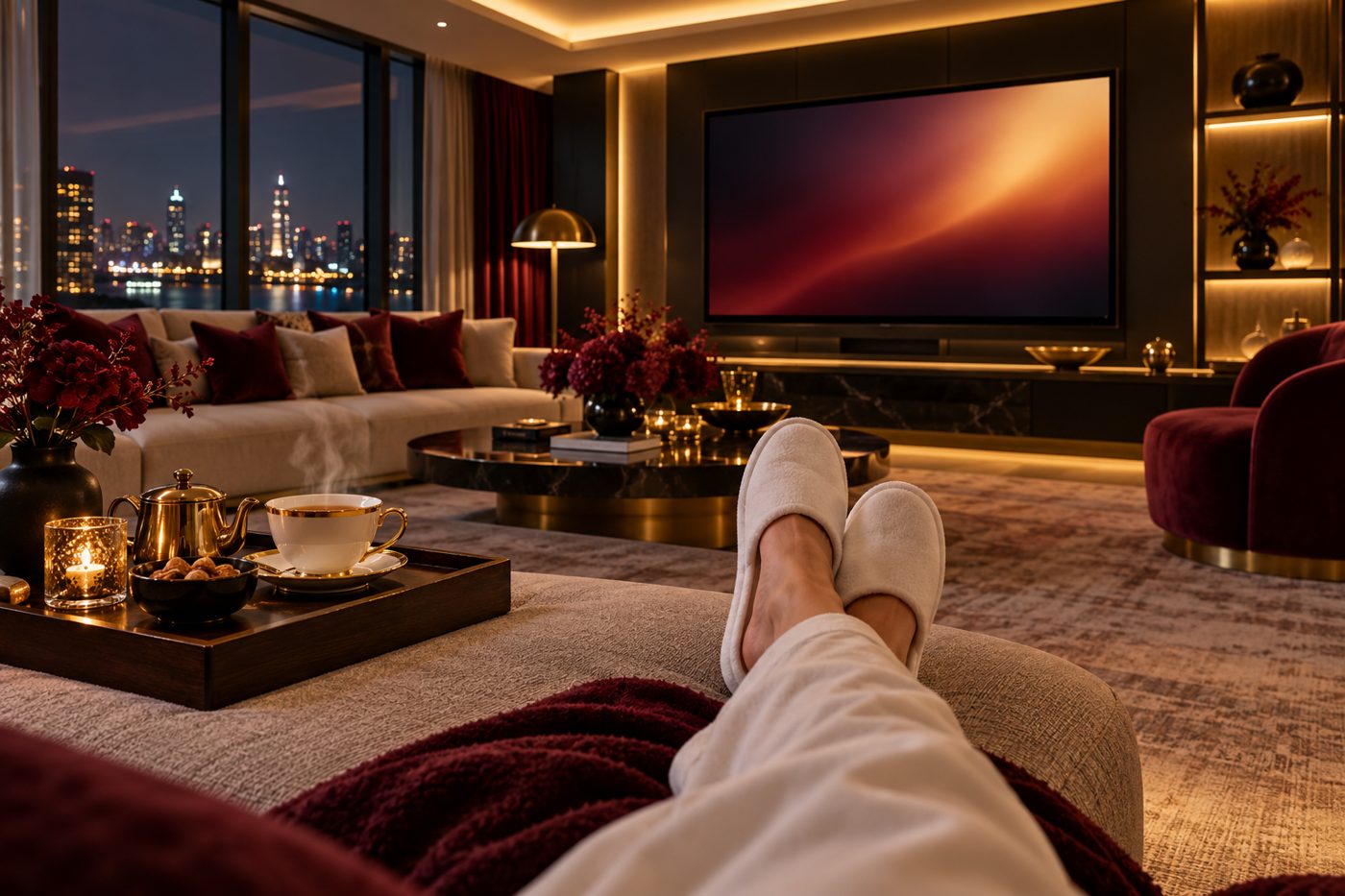 Relaxing in a cosy apartment lounge in the evening